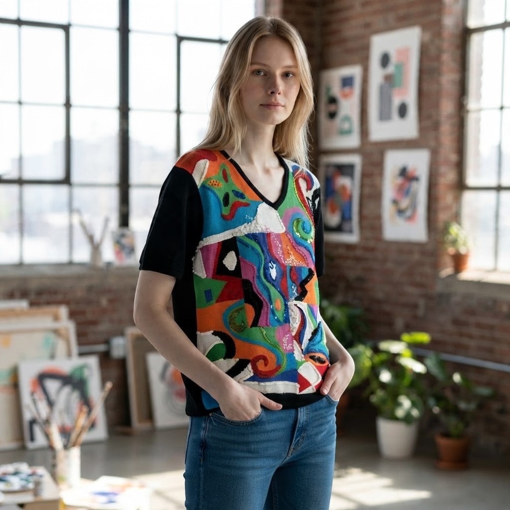 Vintage Diane Freis Knits Abstract Embellished Sweater Multicolor 80s Retro